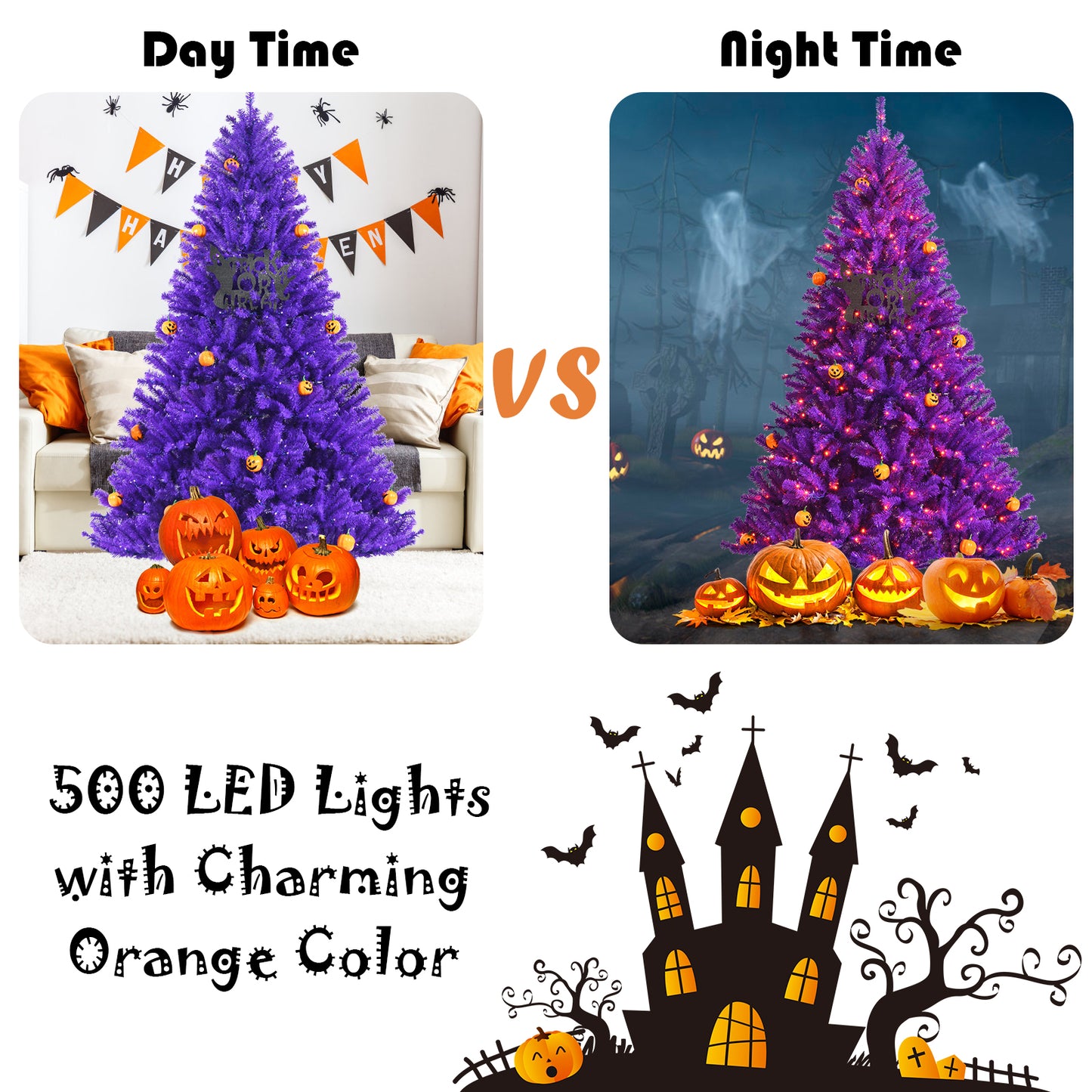 Topbuy 5FT/6FT/7Ft Artificial Purple Christmas Tree Prelit Purple Halloween Tree w/ 280/400/500 Orange LED Lights & Pumpkin Ornaments