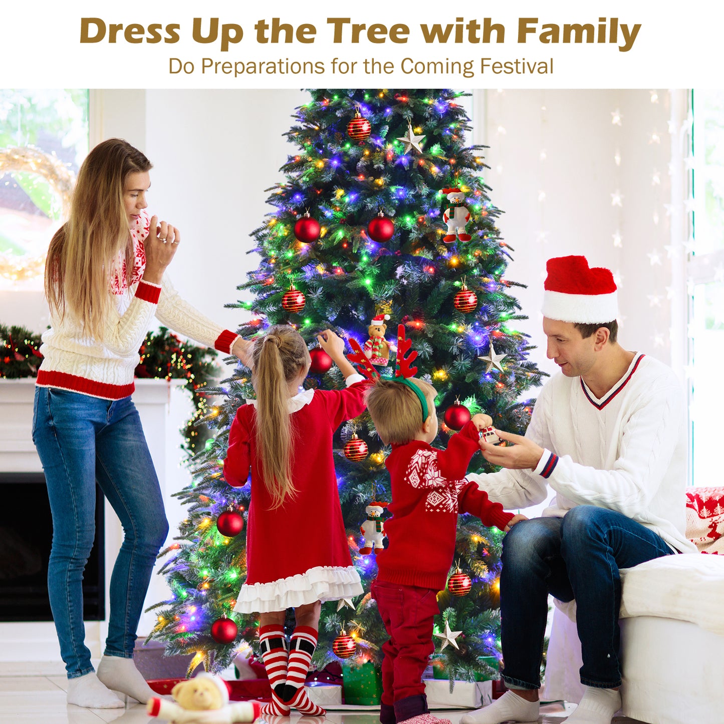 Topbuy 5ft/6ft/7ft/9ft Hinged Life-Like Christmas Tree W/ 250/350/450/780 LED Lights Pre-Lit Artificial Xmas Tree W/ 581/899/1315/2599 PE & PVC Leaves