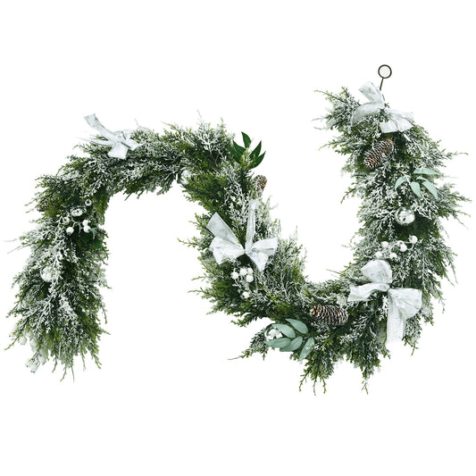 Topbuy Artificial Xmas Garland, 6.5 Ft Christmas Garland Decorated w/ White Berries Silver Balls Ribbons & Snowflakes