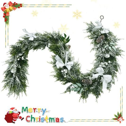 Topbuy Artificial Xmas Garland, 6.5 Ft Christmas Garland Decorated w/ White Berries Silver Balls Ribbons & Snowflakes