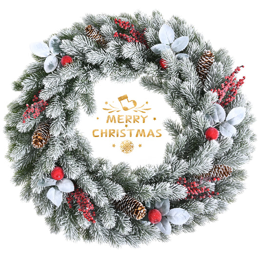 Topbuy 24'' Flocked Frosty White Artificial Wreath, Unlit Christmas Wreath w/ Pine Cones, Berries & Apples