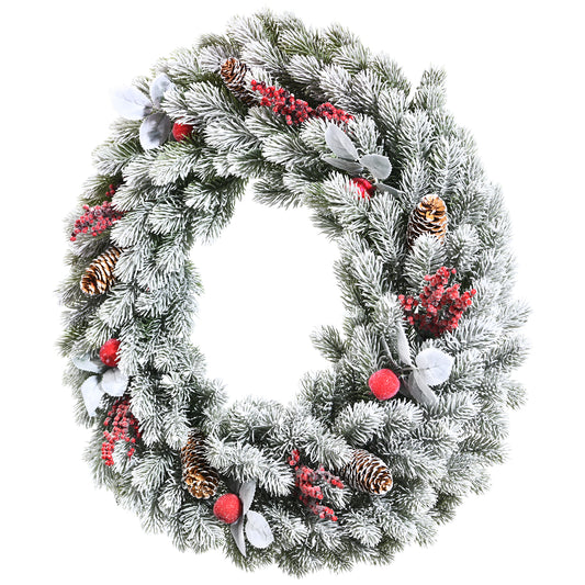 Topbuy 24'' Flocked Frosty White Artificial Wreath, Unlit Christmas Wreath w/ Pine Cones, Berries & Apples