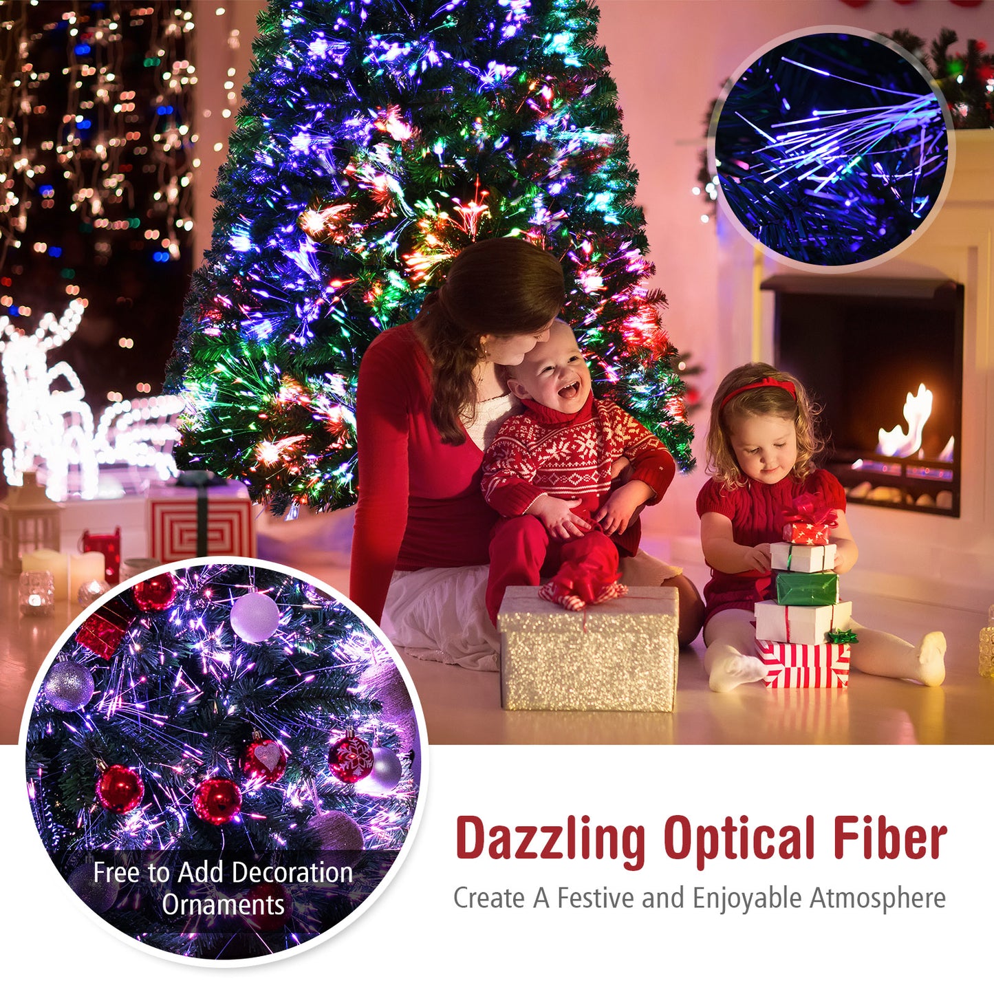 Topbuy 5FT/6FT/7FT Pre-lit Artificial Christmas Tree, Multi-Colored Fiber Optic Spruce Tree Artificial Xmas Tree