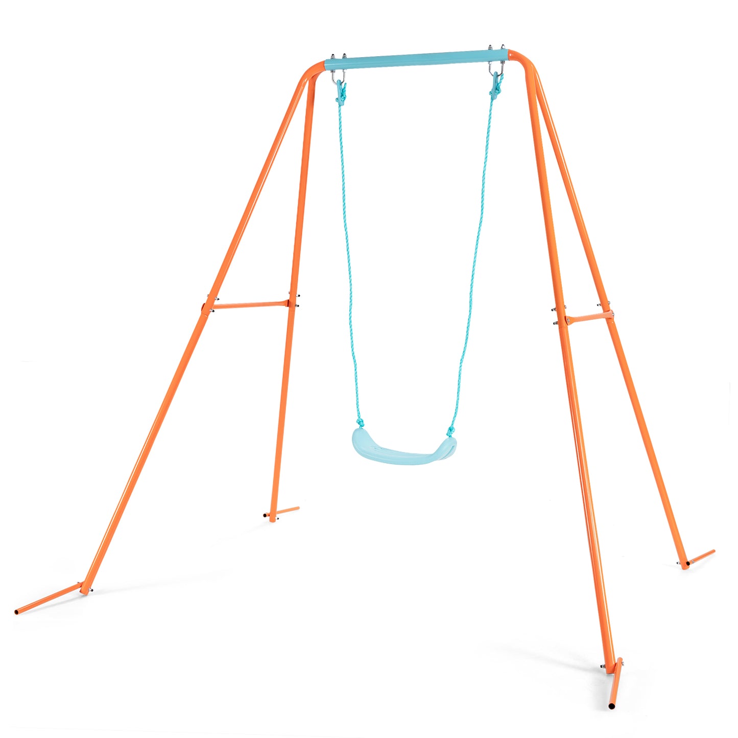 Patiojoy Outdoor Kids Metal Swing Set with Frame Steel Stand Heavy Duty Metal A-Frame Orange/Blue