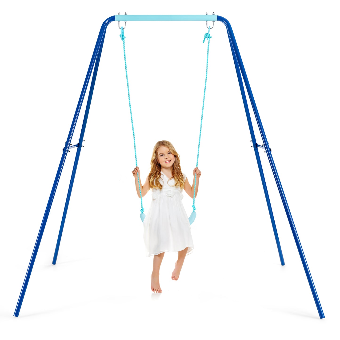 Patiojoy Outdoor Kids Metal Swing Set with Frame Steel Stand Heavy Duty Metal A-Frame Orange/Blue