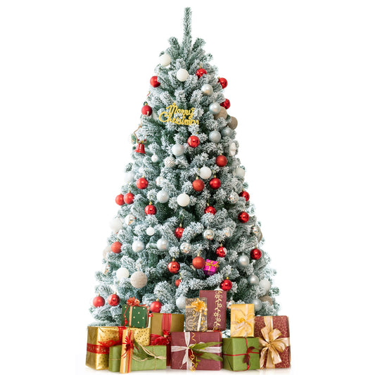Topbuy 6FT/7FT/8FT Snow Flocked Artificial Christmas Hinged Tree Pre-lit Artificial Xmas Full Tree with 928/1116/1502 Branch Tips