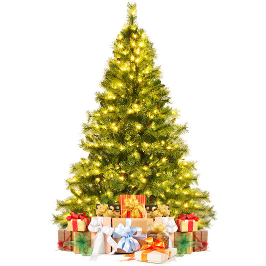 Topbuy Realistic Christmas Hinged Tree W/ 350/500/700 LED Lights 6FT/7FT/8FT Pre-Lit Artificial Xmas Tree W/ 777/1533/1913 PVC Branch Tips