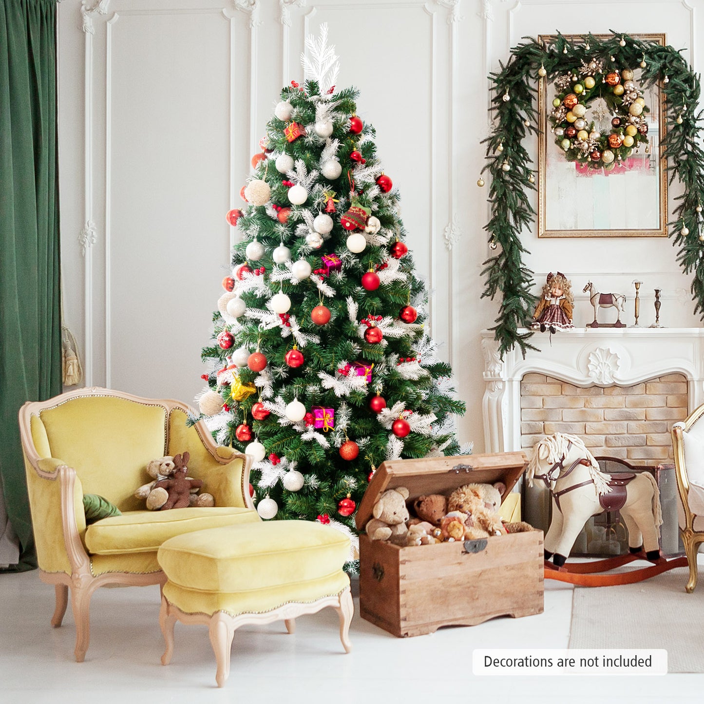 Topbuy 5FT/6FT/7FT Premium Unlit Christmas Tree Snow Flocked Hinged Artificial Christmas Tree Pine Full Tree with Solid Metal Stand