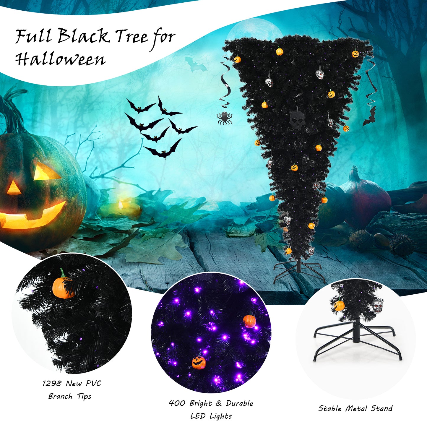 Topbuy 6FT/7FT Black Upside Down Artificial Christmas Tree Pre-lit Halloween Tree Faux-Pine Christmas Tree w/ Purple LED lights