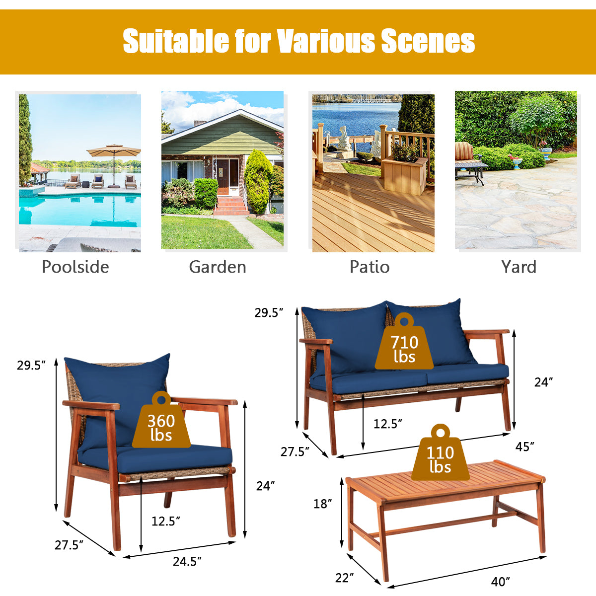Patiojoy 8PCS Patio Outdoor Rattan Furniture Set Acacia Wood Frame Conversation Set w/Coffee Table Navy/Red