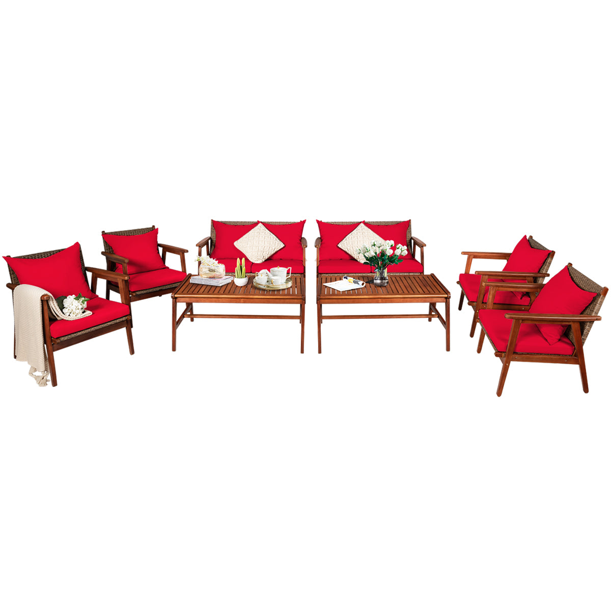 Patiojoy 8PCS Patio Outdoor Rattan Furniture Set Acacia Wood Frame Conversation Set w/Coffee Table Navy/Red