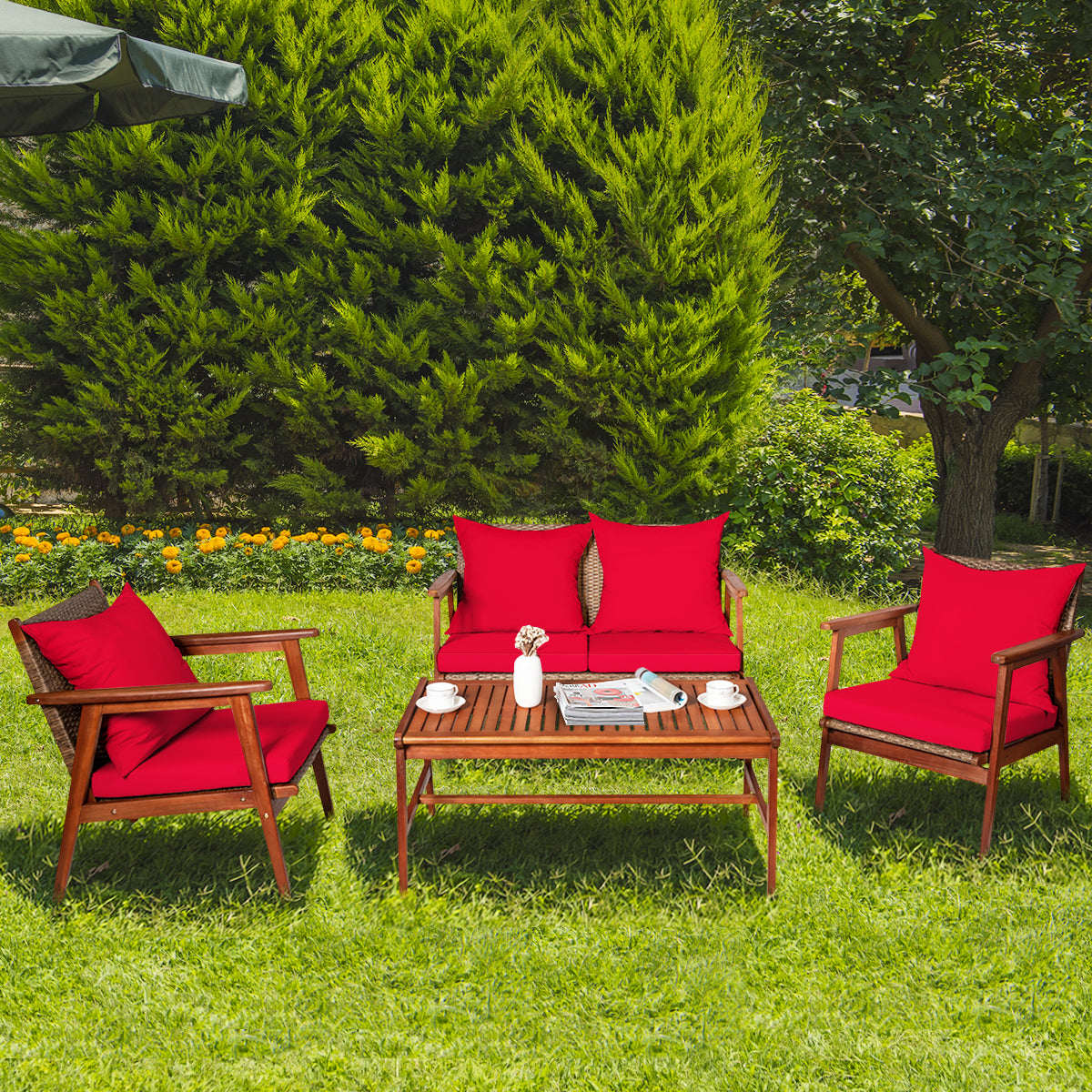 Patiojoy 8PCS Patio Outdoor Rattan Furniture Set Acacia Wood Frame Conversation Set w/Coffee Table Navy/Red