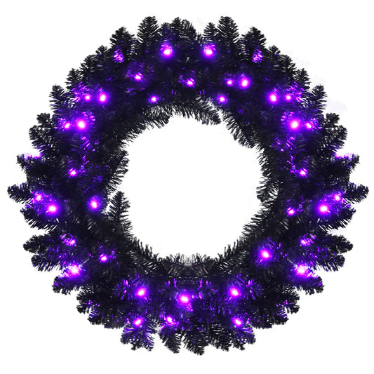 Topbuy 24'' Black Halloween Wreath, Faux-Pine Wreath Powered by Battery, Pre-lit Artificial Wreath for Christmas