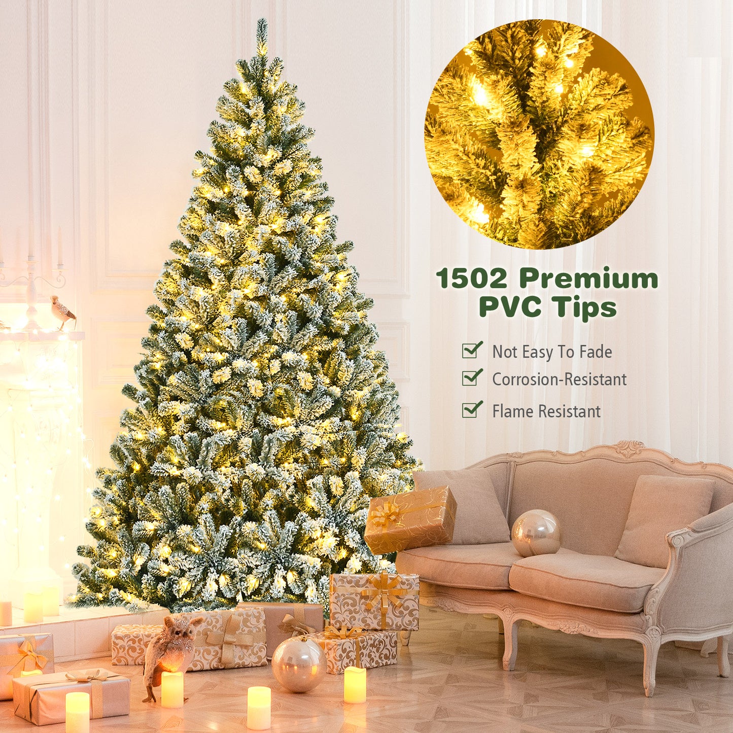 Topbuy 6FT/7FT/8FT Snow Flocked Artificial Christmas Hinged Tree Pre-lit Artificial Xmas Full Tree with 928/1116/1502 Branch Tips