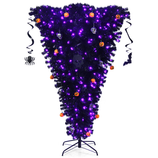 Topbuy 6FT/7FT Black Upside Down Artificial Christmas Tree Pre-lit Halloween Tree Faux-Pine Christmas Tree w/ Purple LED lights