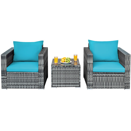 Patiojoy 3PCS Patio Rattan Furniture Set Outdoor Bistro Set w/Washable Cushion for Garden Poolside Backyard Turquoise