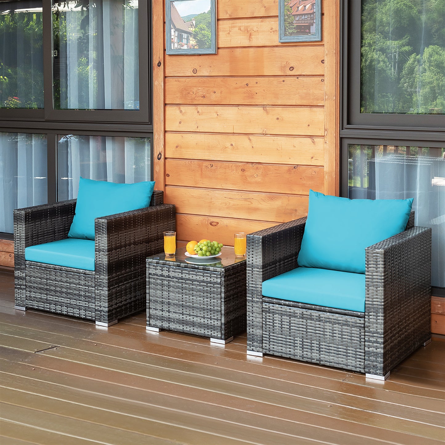 Patiojoy 3PCS Patio Rattan Furniture Set Outdoor Bistro Set w/Washable Cushion for Garden Poolside Backyard Turquoise
