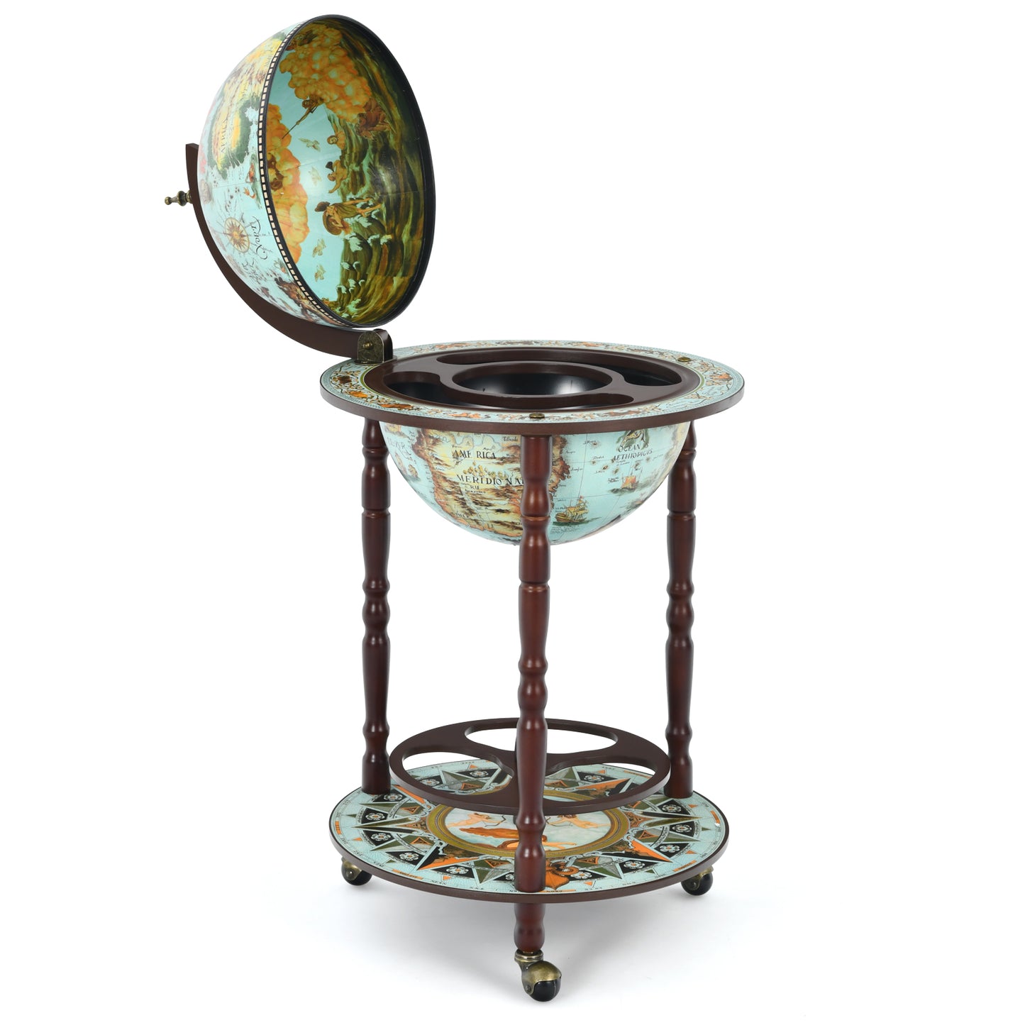 Topbuy 17'' Globe Wine Bar Stand 16th Century Italian Map Wine Cabinet with Wheels Liquor Bottle Shelf Cart