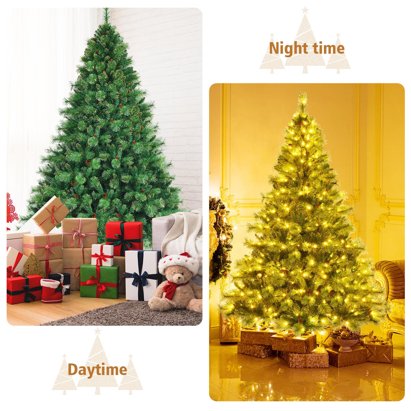 Topbuy Realistic Christmas Hinged Tree W/ 350/500/700 LED Lights 6FT/7FT/8FT Pre-Lit Artificial Xmas Tree W/ 777/1533/1913 PVC Branch Tips