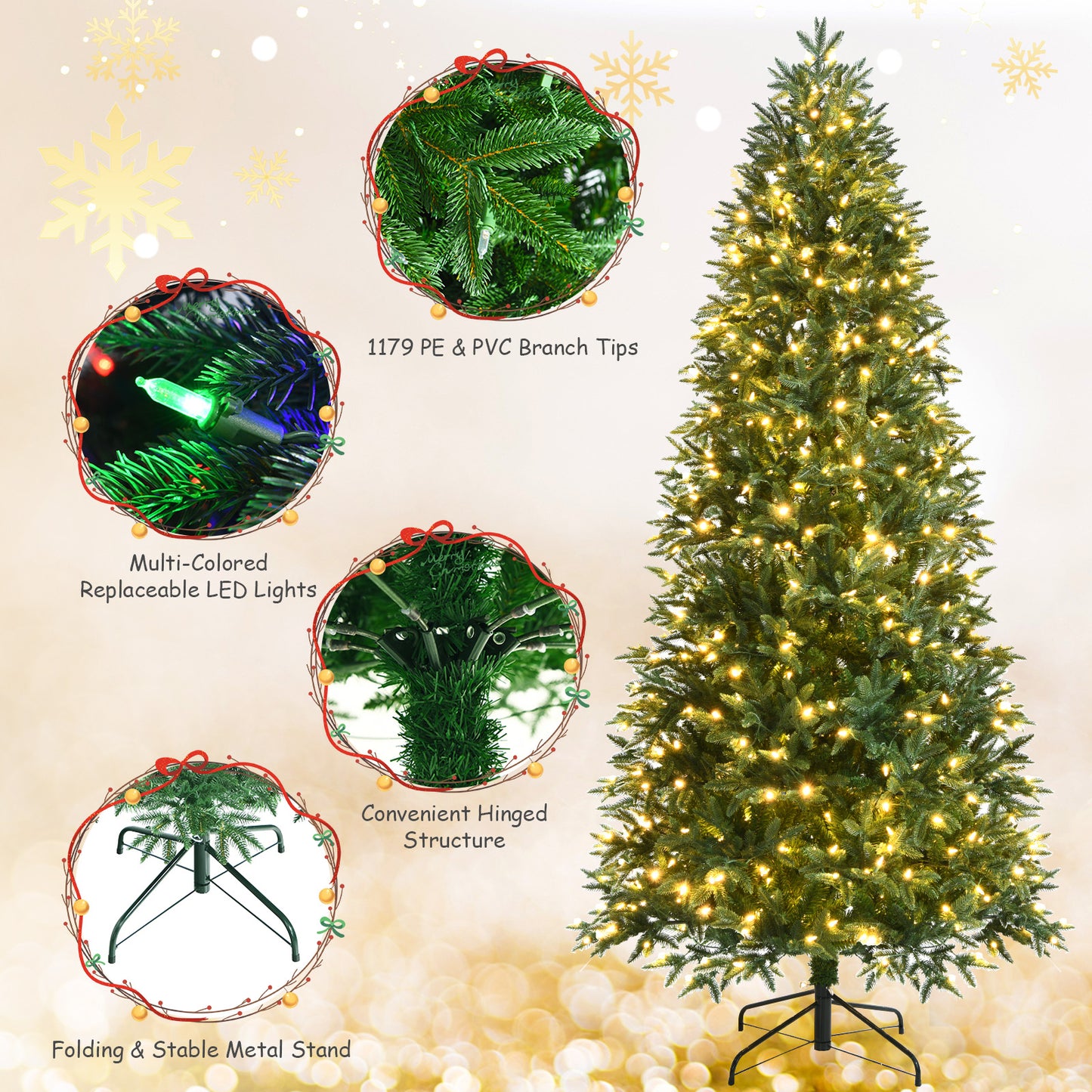 Topbuy 6FT/7FT/8FT Pre-Lit Christmas Tree Artificial Xmas Tree W/ 350/450/600 Replaceable Dual Color LED Lights