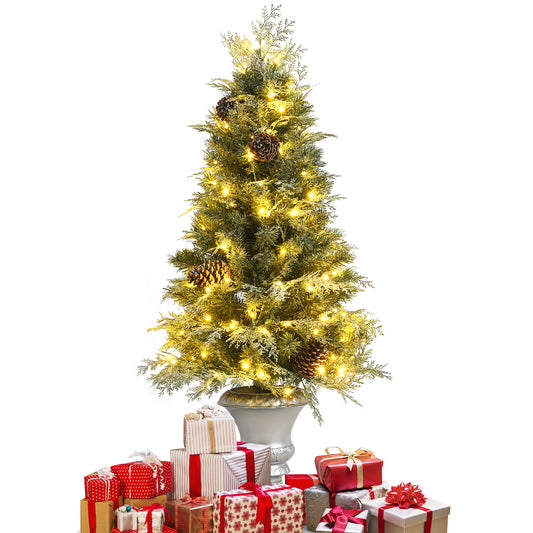 Topbuy Pre-Lit Artificial Christmas Tree 4ft Snowy Realistic Entrance Tree W/ Pine Cones 413 PVC & PE Branch Tips