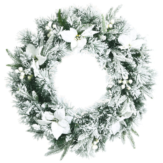 Topbuy 24'' Pre-Lit Artificial Christmas Wreath Decorative Snow Flocked Wreath W/ Berries & Poinsettia