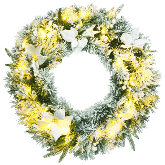 Topbuy 24'' Pre-Lit Artificial Christmas Wreath Decorative Snow Flocked Wreath W/ Berries & Poinsettia