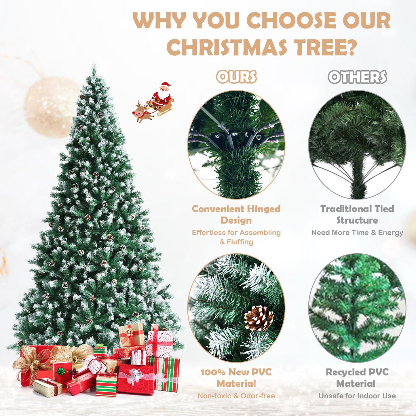 Topbuy 6FT/7.5FT/9FT Lifelike Xmas Tree Lush Snowy Christmas Tree W/ 1000/1346/2028 PVC Branch Tips