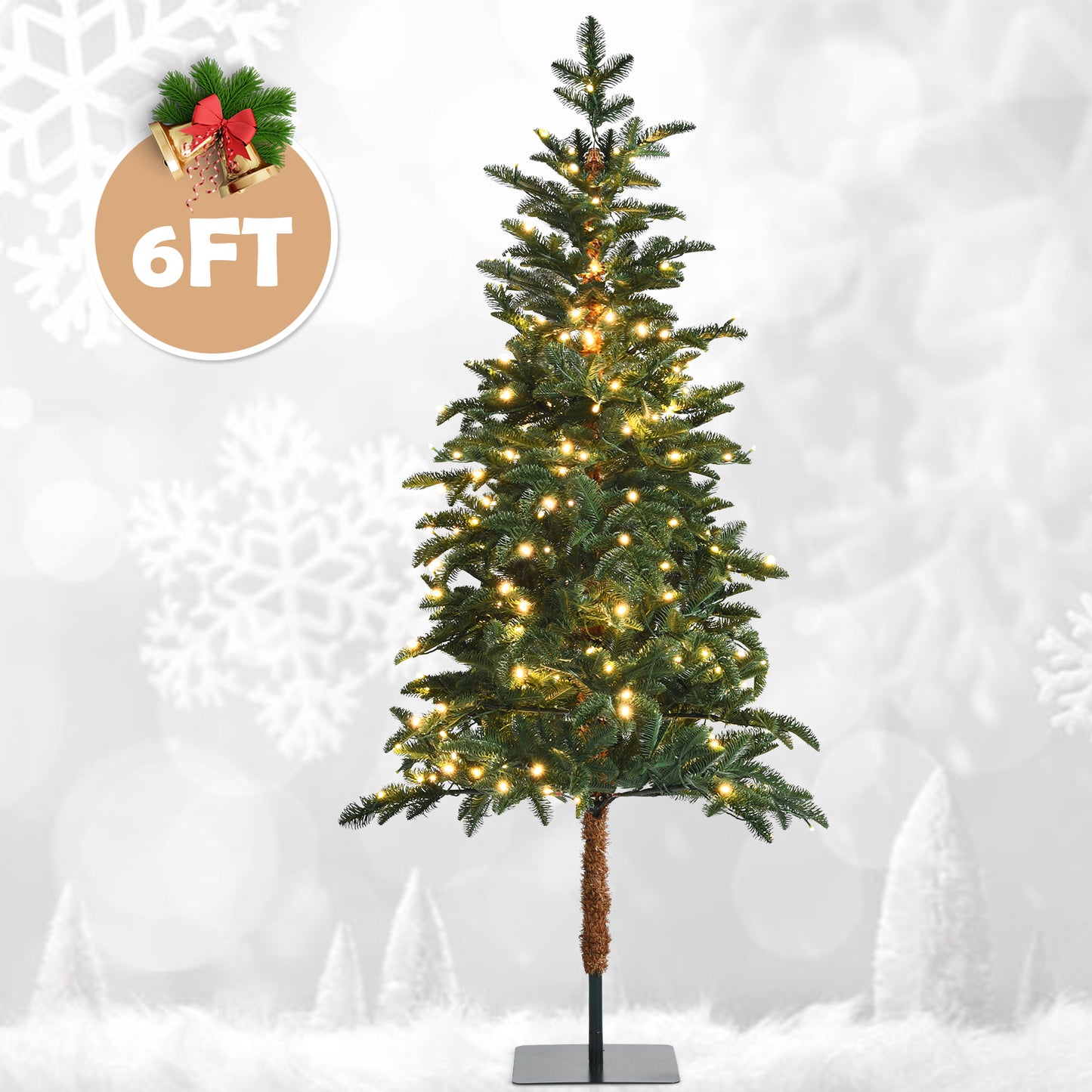 Topbuy 6ft Pre-lit Christmas Slim Pencil Tree Hinged Christmas Tree W/ Metal Stand Thick Leaves