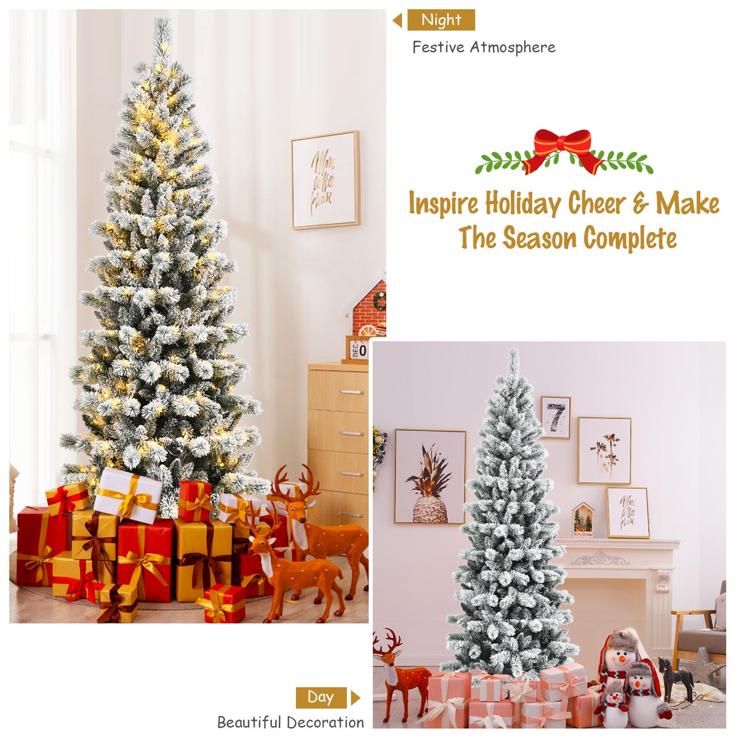 Topbuy 5FT/6FT/7.5FT/8FT Pre-lit Snow Flocked Christmas Pine Tree Hinged Artificial Xmas Tree W/ 140/200/300/350 Remote-controlled Multi-Color LED Lights