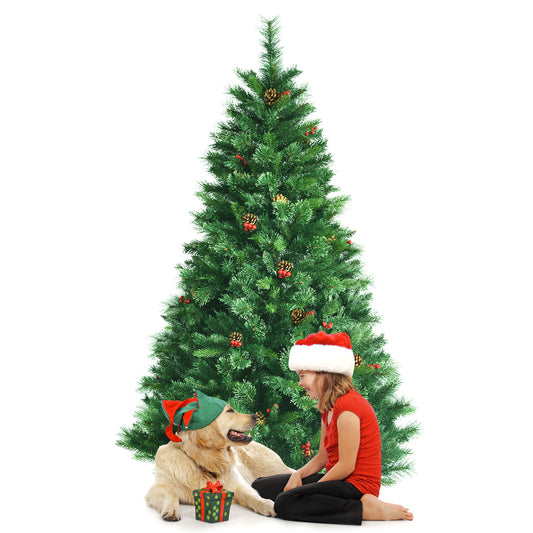 Topbuy 6FT/7FT/8FT Pre-Lit Christmas Spruce Tree Hinged Artificial Tree Party Decoration w/ 790/1198/1806 Tips 600 Lights Pine Cones