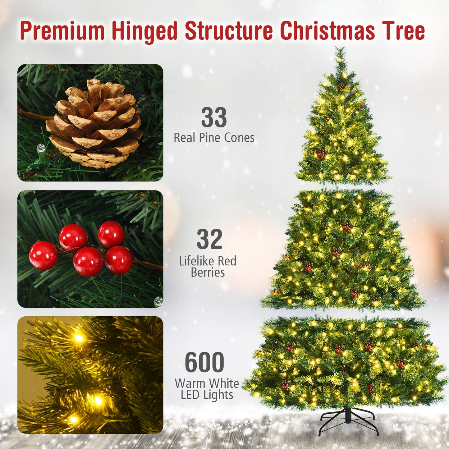 Topbuy 6FT/7FT/8FT Pre-Lit Christmas Spruce Tree Hinged Artificial Tree Party Decoration w/ 790/1198/1806 Tips 600 Lights Pine Cones
