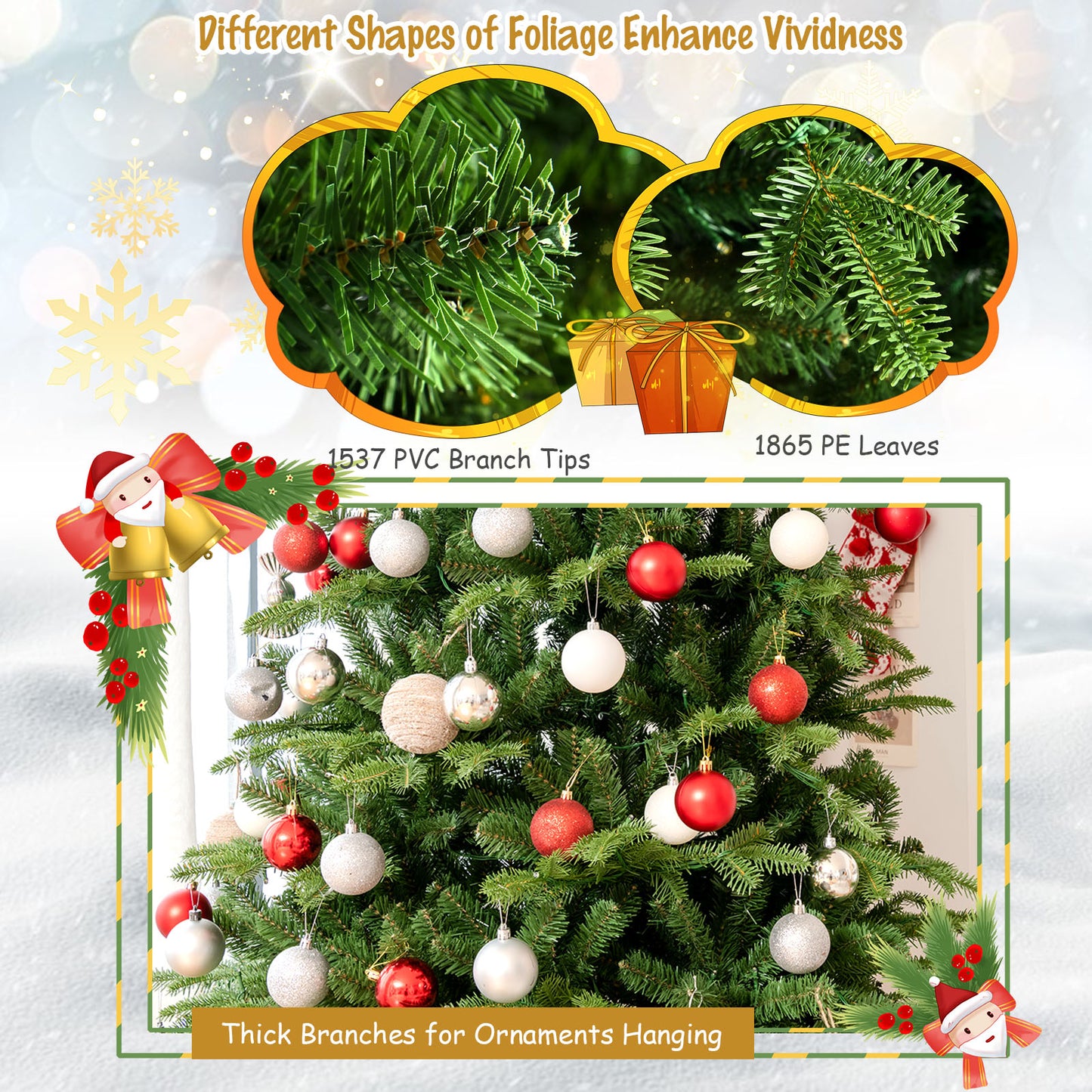 Topbuy Realistic Pre-Lit Christmas Tree 6FT/7FT/8FT Hinged Artificial Pine Tree W/ 310/450/620 LED Lights & 1664/2458/3402 New Tips