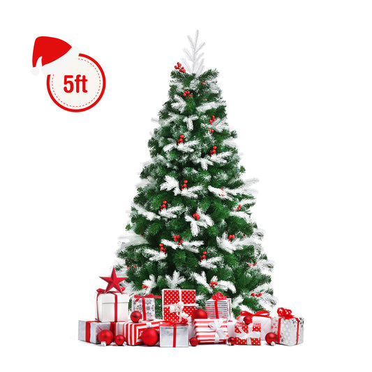 Topbuy 5FT/6FT/7FT Premium Unlit Christmas Tree Snow Flocked Hinged Artificial Christmas Tree Pine Full Tree with Solid Metal Stand