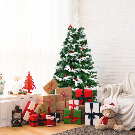 Topbuy 5FT/6FT/7FT Premium Unlit Christmas Tree Snow Flocked Hinged Artificial Christmas Tree Pine Full Tree with Solid Metal Stand