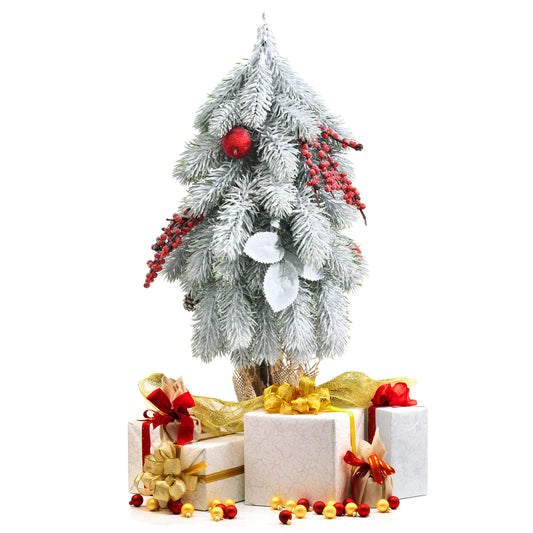Topbuy 19'' Mini Snow Flocked Xmas Tree Tabletop Artificial Christmas Tree w/ 59 Tips Burlap Cement Sand