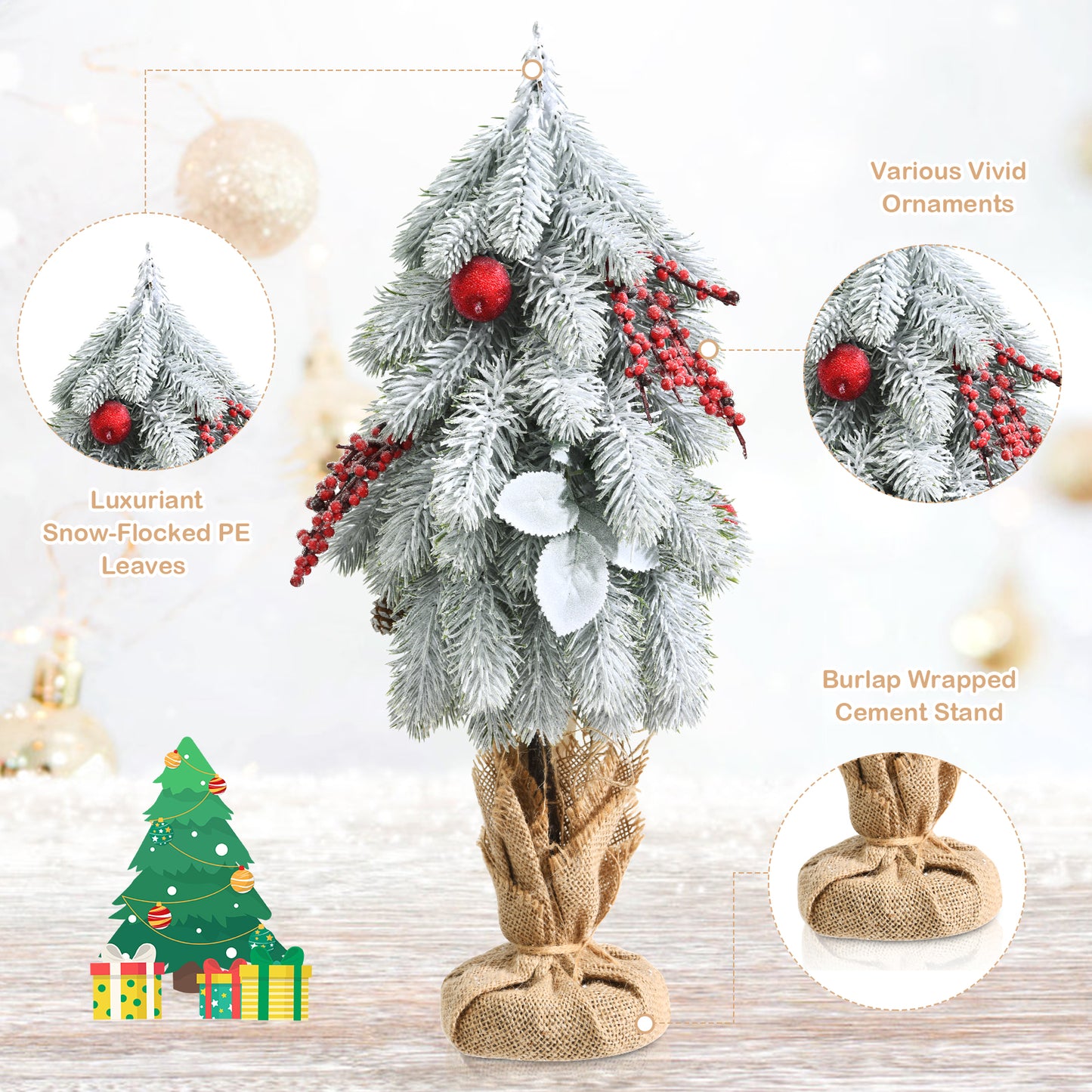 Topbuy 19'' Mini Snow Flocked Xmas Tree Tabletop Artificial Christmas Tree w/ 59 Tips Burlap Cement Sand