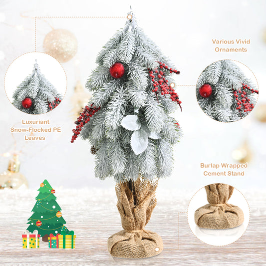 Topbuy 19'' Mini Snow Flocked Xmas Tree Tabletop Artificial Christmas Tree w/ 59 Tips Burlap Cement Sand