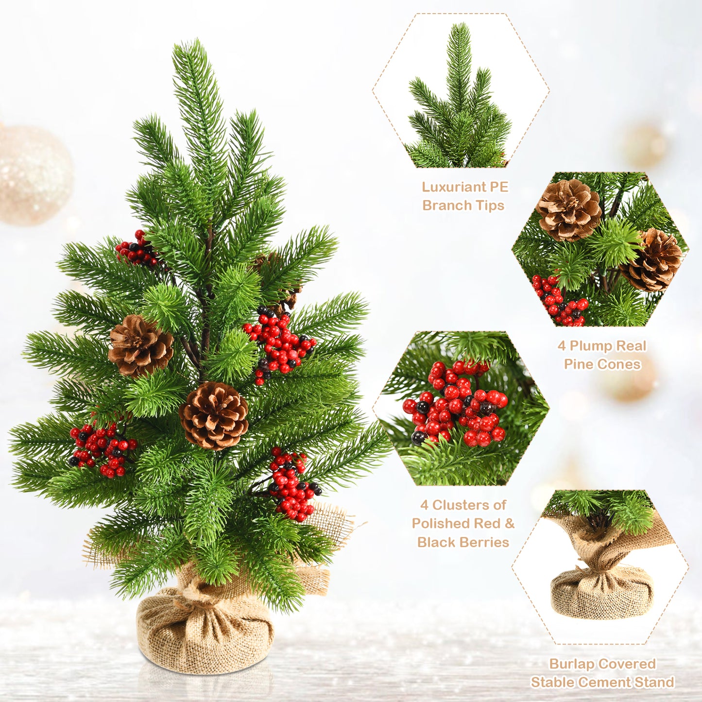 Topbuy 20'' Mini Realistic Christmas Tree, Artificial Tabletop Christmas Tree W/ 55 Branch Tips