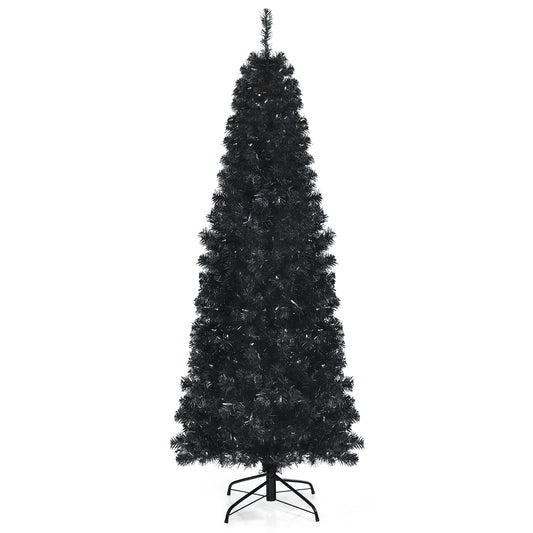 Topbuy 6FT/7FT Pre-lit Christmas Halloween Tree Hinged Artificial Pencil Tree w/ 618/818 PVC Branch Tips & 300/350 Warm White Lights