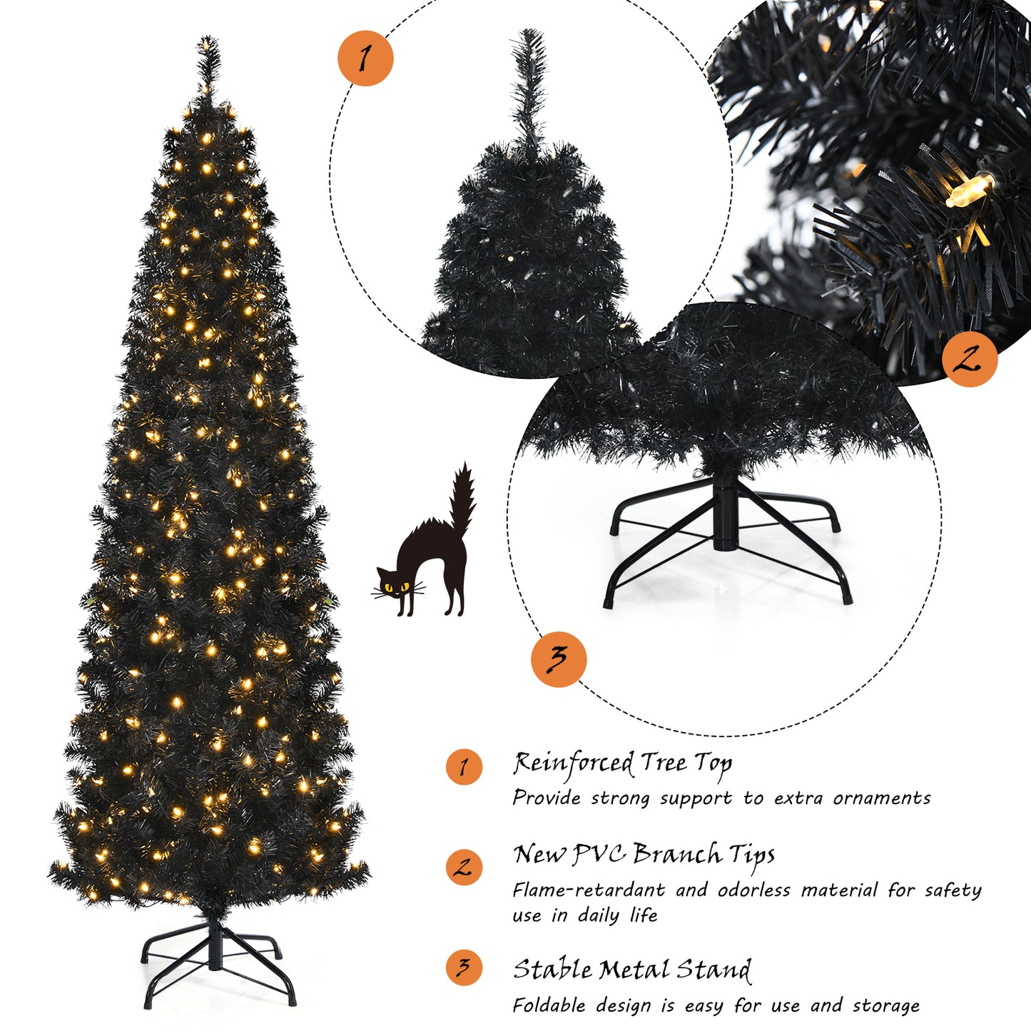 Topbuy 6FT/7FT Pre-lit Christmas Halloween Tree Hinged Artificial Pencil Tree w/ 618/818 PVC Branch Tips & 300/350 Warm White Lights