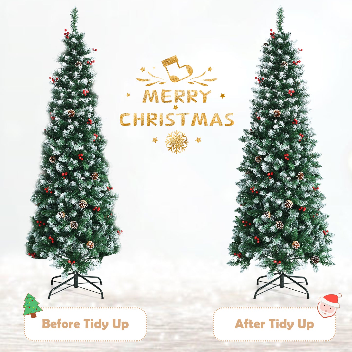 Topbuy 5ft/6ft/7ft Pre-lit Artificial Christmas Tree Slim Artificial Xmas Tree w/ 250/300/350 Replaceable LED Lights & 408/618/818 Branch Tips
