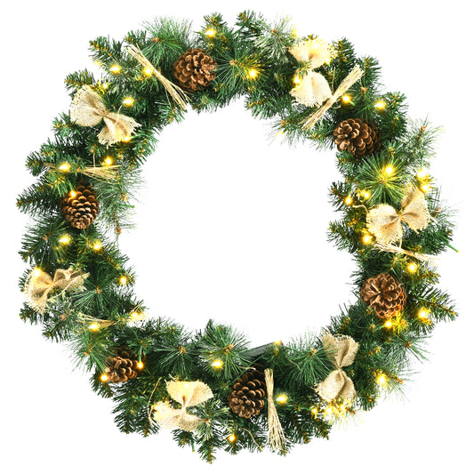 Topbuy 30'' Full Decorated Xmas Wreath Battery Powered Christmas Wreath w/ 50 Warm White LED Lights & Rustic Ornaments