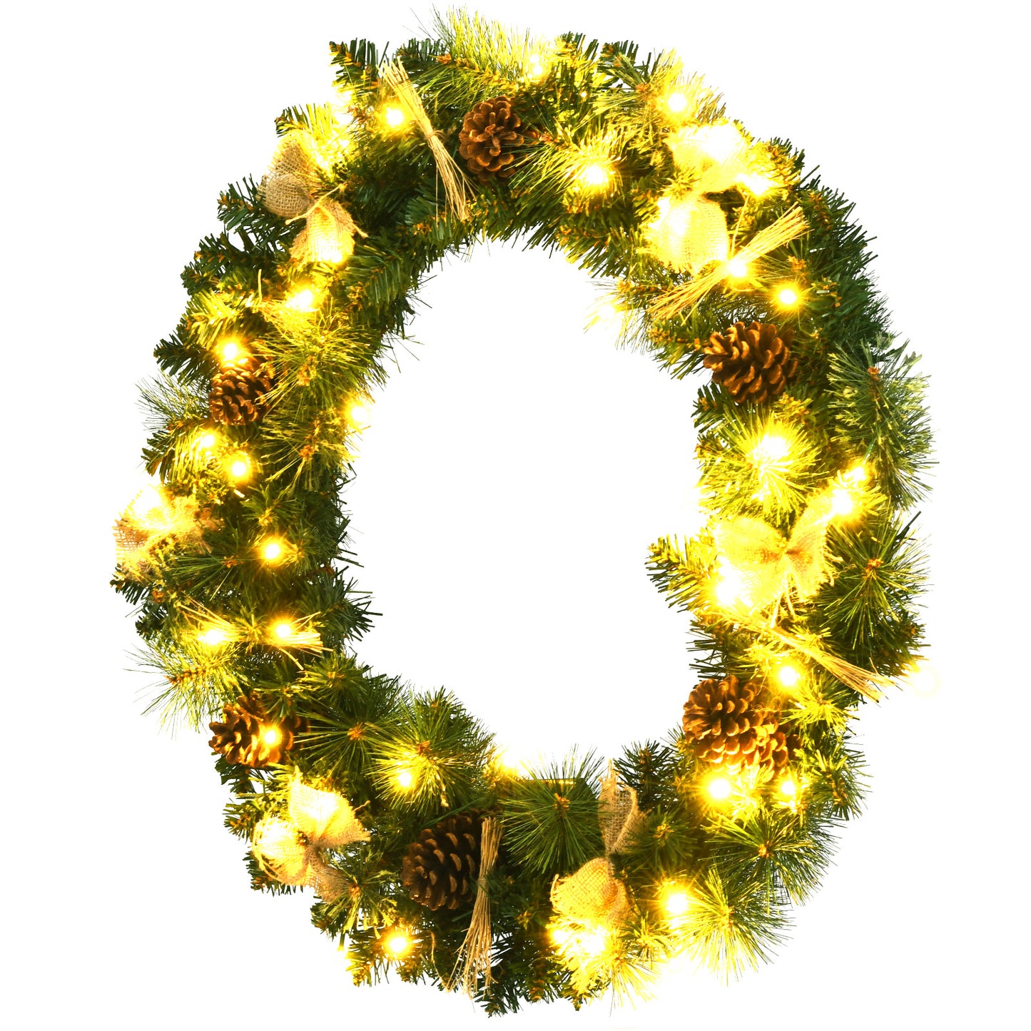 Topbuy 30'' Full Decorated Xmas Wreath Battery Powered Christmas Wreath w/ 50 Warm White LED Lights & Rustic Ornaments