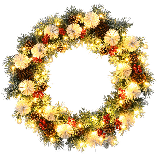 Topbuy 30 Inch Snow Flocked Christmas Wreath Pre-lit Battery Powered Wreath w/ Pine cones and Red Berries
