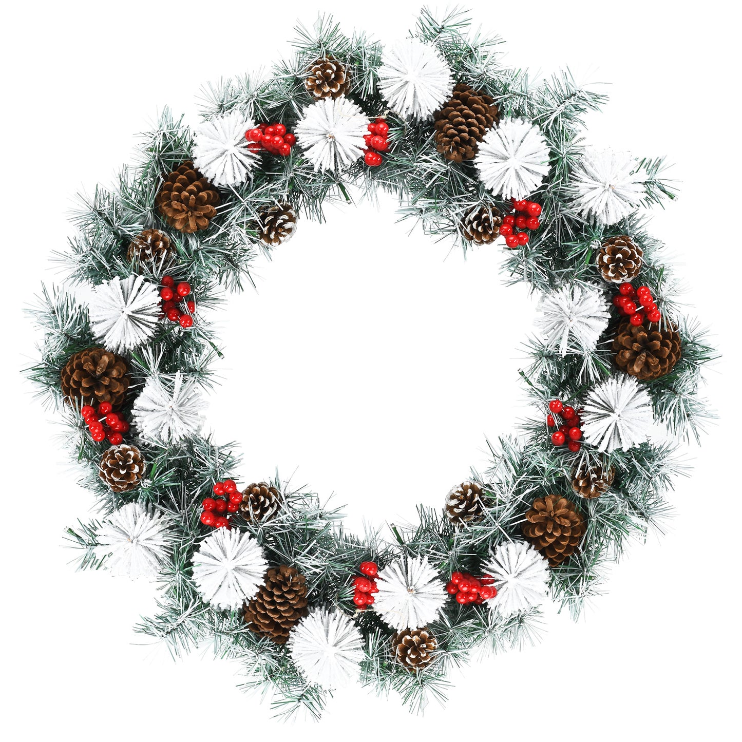 Topbuy 30 Inch Snow Flocked Christmas Wreath Pre-lit Battery Powered Wreath w/ Pine cones and Red Berries