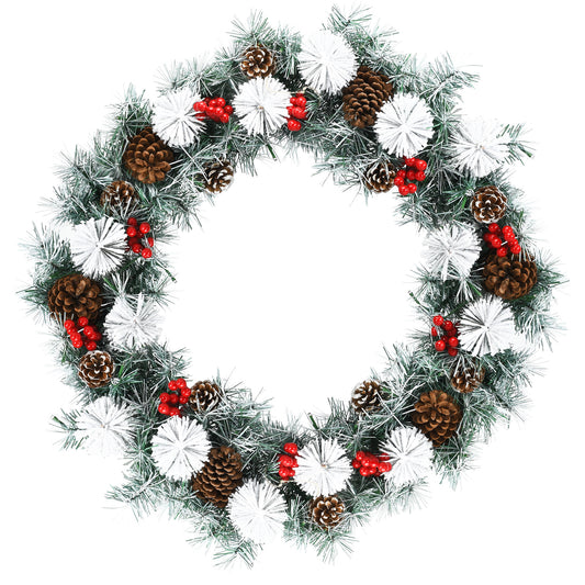 Topbuy 30 Inch Snow Flocked Christmas Wreath Pre-lit Battery Powered Wreath w/ Pine cones and Red Berries