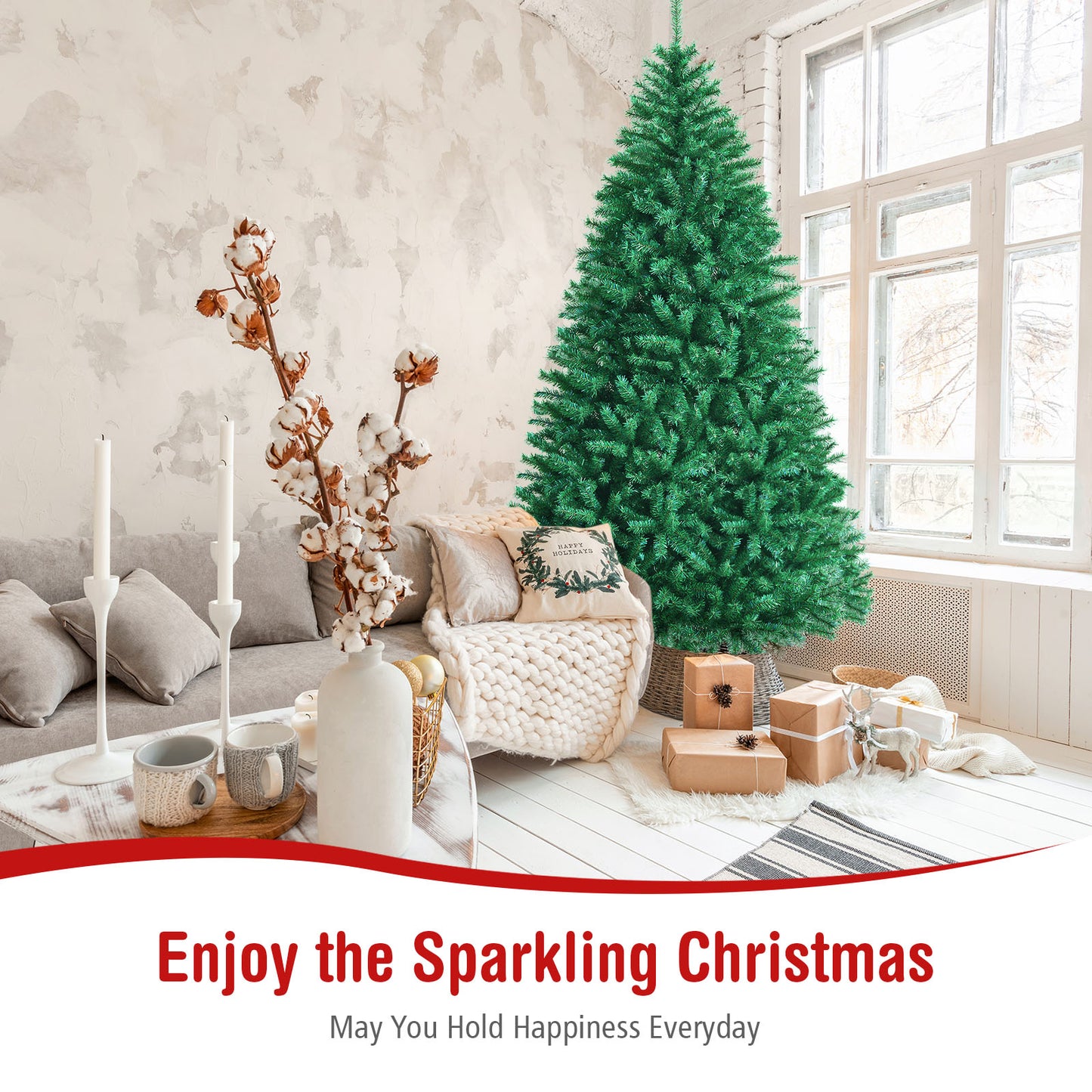 Topbuy Realistic Glittery Christmas Tree 6FT/7FT/8FT Iridescent Hinged Pine Tree W/ PVC & PET Leaves