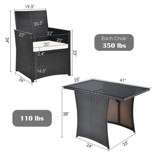 Patiojoy 3PCS Patio Rattan Dining Set Space-Saving Furniture Set with Tempered Glass Top Table and Cushioned Chairs White/Gray/Navy/Turquoise