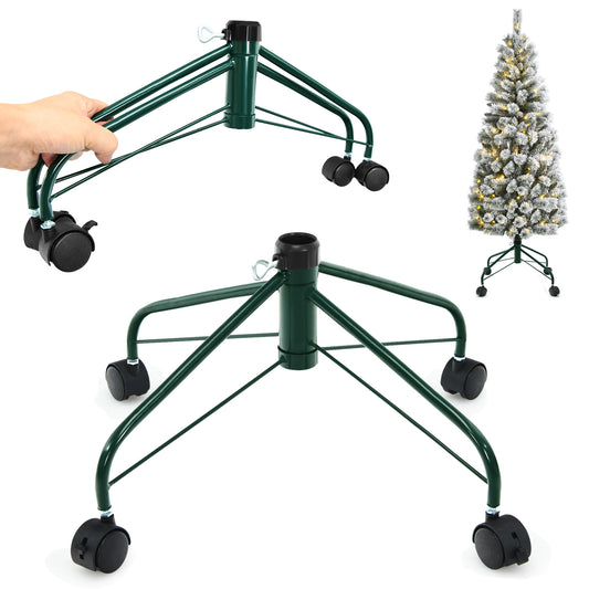 Topbuy Folding Rolling Christmas Tree Stand Metal Base W/ Lockable Universal Wheels for Tree Under 7ft/9ft